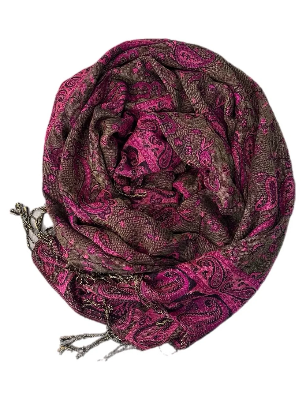 100% Pashmina reversible scarf with fringe Magenta Paisley Reversible 71x27.5